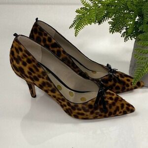 Boden Womens Leopard Print Calf Hair Pointed Toe Bow Kitten Heels Pumps Size 38